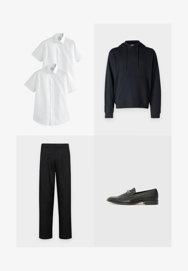 Svart hoodie i en bomullsblandning, med en känguruficka, justerbara dragsko, samt ribbad fåll och muddar. Enkel design.; Vita kortärmade skjortor i ett paket om två, med knappad krage och en mjuk bomullstextur, designade för avslappnad användning.; Svarta byxor i slät väv, med rak ben-design, två framfickor och standardmidja med bälteshällor.; Svart läderloafers med en slät yta, med en sydd design och en dekorativ metallkedjeaccent över västen. Platt häldesign.