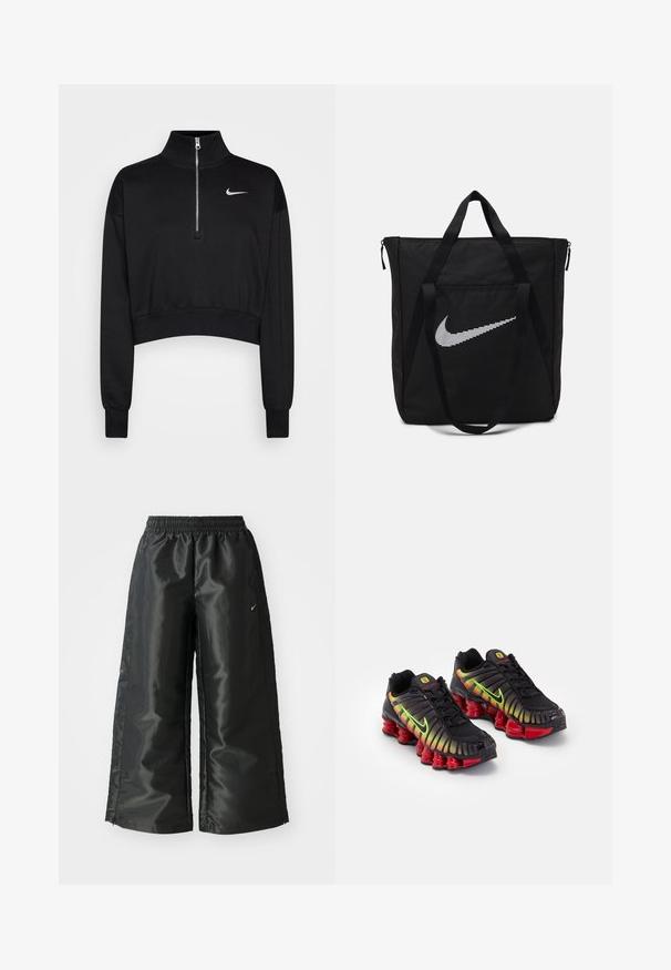 Sort cropped sweatshirt med høje krave, halv lynlås, ribbede manchetter og et lille hvidt Nike-logo på venstre bryst. Blød stoftekstur.; Sorte sportsbukser i et blankt, glat stof med en elastisk talje, brede ben og et lille logo på venstre side.; Sorte Nike sneakers med gradient accenter i gul, grøn og rød. Har et karakteristisk tekstureret design og en kraftig rød sål.; Sort nylon tote taske med to solide håndtag og lynlås lukning. Har et fremtrædende hvidt Nike swoosh-logo i et horisontalt stribet design.