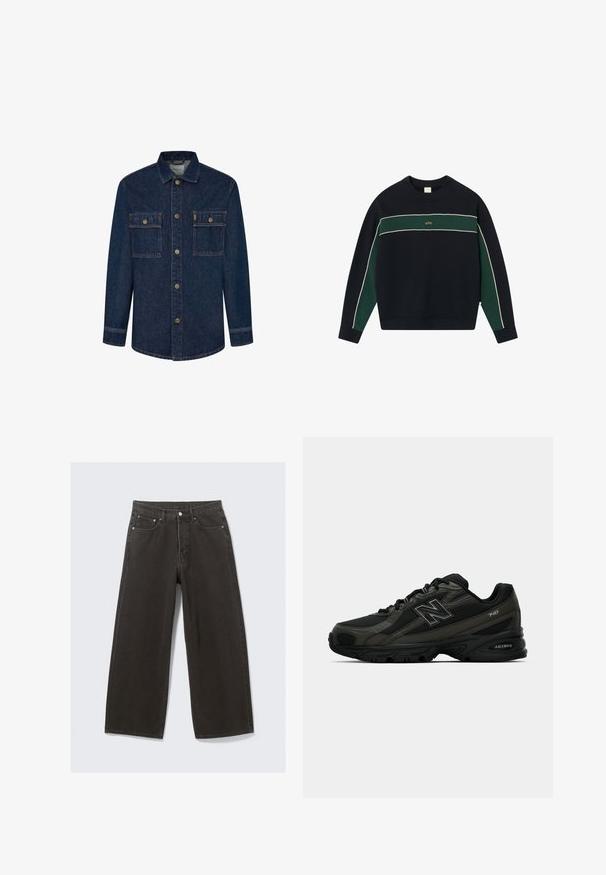 Granatowy sweatshirt z zielonym poziomym paskiem, białymi lamówkami, ściągaczami przy mankietach i kołnierzu; posiada złote logo umieszczone na środku klatki piersiowej.; Ciemnoniebieska kurtka dżinsowa z długimi rękawami, dwoma kieszeniami na piersi i zapięciem na guziki. Posiada kontrastowe szwy oraz kołnierzyk.; Biała bawełniana koszulka z krótkimi rękawami, okrągłym dekoltem i luźnym krojem. Gładka faktura, bez wzorów i akcentów.; Szerokie czarne dżinsy z wysokim stanem, pięcioma kieszeniami i zapięciem na guzik. Materiał ma miękkie, teksturowane wykończenie.; Czarne sportowe buty z teksturowanym syntetycznym wierzchem, z amortyzowaną podeszwą i wyraźnym logo "N" z boku. Wzór zawiera lekkie siatkowe sekcje.