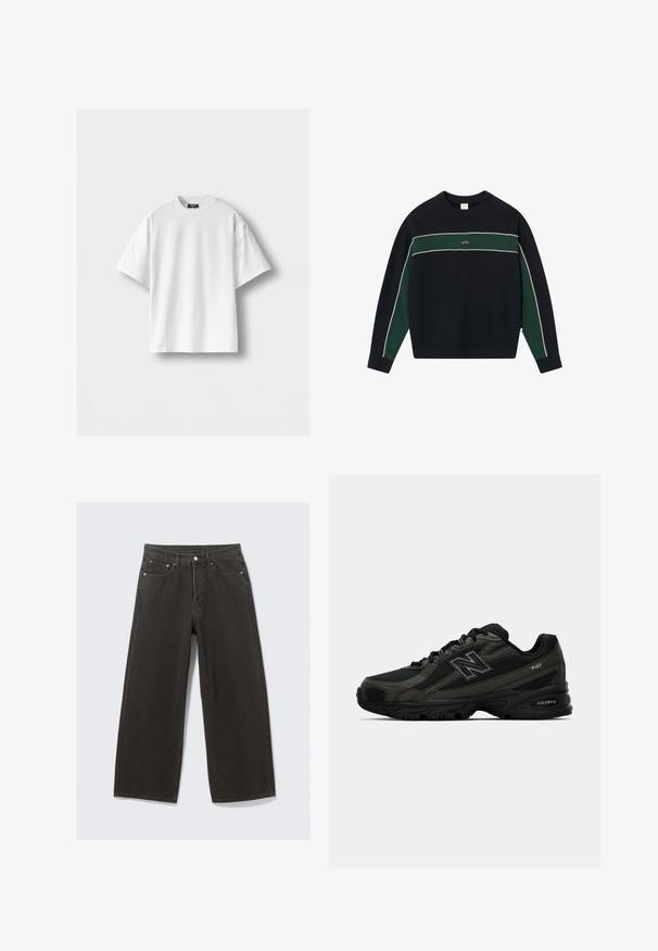 Granatowy sweatshirt z zielonym poziomym paskiem, białymi lamówkami, ściągaczami przy mankietach i kołnierzu; posiada złote logo umieszczone na środku klatki piersiowej.; Biała bawełniana koszulka z krótkimi rękawami, okrągłym dekoltem i luźnym krojem. Gładka faktura, bez wzorów i akcentów.; Oliwkowa kurtka wykonana z bawełny, z guzikiem z przodu, spiczastym kołnierzem i czterema kieszeniami. Ma luźny krój i miękką teksturę.; Szerokie czarne dżinsy z wysokim stanem, pięcioma kieszeniami i zapięciem na guzik. Materiał ma miękkie, teksturowane wykończenie.; Czarne sportowe buty z teksturowanym syntetycznym wierzchem, z amortyzowaną podeszwą i wyraźnym logo "N" z boku. Wzór zawiera lekkie siatkowe sekcje.