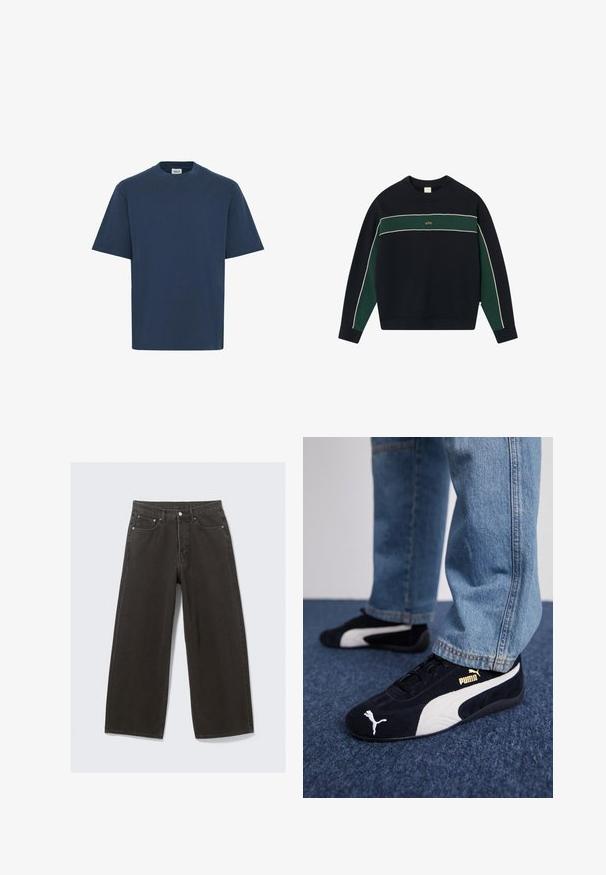 Mørkeblå sweatshirt med grøn vandret stribe, hvid pipinge, ribbede manchetter og krave; har et guld logo centreret på brystet.; Marineblå bomulds T-shirt med rund hals, korte ærmer og lige kant. Har et lille mærke på nederste venstre side.; Bredde ben sorte denim jeans har høj talje, fem-lomme design og knaplukning foran. Stoffet har en blød, tekstureret overflade.; Sorte ruskinds sneakers med hvide detaljer og et guldlogo. Båret med lyseblå denimjeans og sat på en struktureret blå overflade.