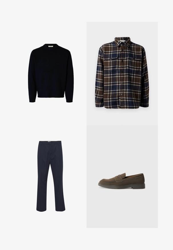 Tumši zili adīti džemperi ar apaļu kakla izgriezumu un garām piedurknēm, piedāvājot brīvu piegriezumu un ribota piedurknes galiem. Gluda tekstūra, minimālas detaļas.; Brūns un jūras zils krekliņš ar kvadrātveida rakstu, pogām priekšā, divām krūšu kabatām un klasisku apkakli. Mīksta tekstūra un vidēja svara.; Tumši zili bikses, izgatavotas no kokvilnas maisījuma auduma, ar pogu aizdari, plakanu priekšpusi, taisnām kājām un sānu kabatām.; Brūni zamša loaferi ar noapaļotu purngalu, siksnu virs apaviem un plakanu gumijas zoli. Vienkāršs dizains ar tīrām līnijām un minimālu detaļu skaitu.