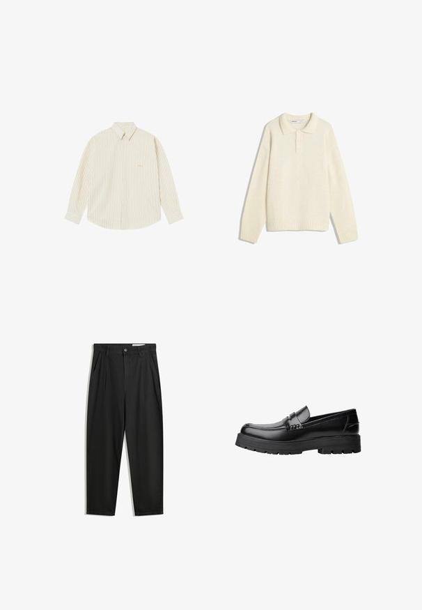 Crème-kleurige pullover met een kraaghals, vierknops sluiting, brede geribde manchetten en zoom. Zachte textuur, ontspannen pasvorm en minimalistisch ontwerp.; Lichtcrème knoopshirt met dunne verticale strepen. Het heeft een puntige kraag, lange mouwen en een klein geborduurd logo op de borstzak.; Zwarte katoenen broeken met een losse pasvorm, voorzien van een klassieke tailleband, voorplooien en zijzakken. Gladde structuur zonder patronen.; Zwarte leren loafer met een chunky profielzool en een decoratieve band over de bovenkant, weergegeven in het linkerzijprofiel op een witte achtergrond.