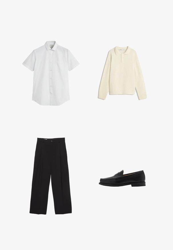 Cremfarbener Pullover mit Kragen, Vier-Knopf-Verschluss, weiten gerippten Bündchen und Saum. Sanfte Textur, lockere Passform und minimalistisches Design.; Kurzarmhemd aus Baumwollmix in Weiß, mit einem spitzen Kragen, sieben Knöpfen und einer Brusttasche. Glatte Textur mit klassischer Passform.; Schwarze weit geschnittene Hose aus glattem Stoff, mit flachem Taillenbund, vorderen Falten und einer einzigen Knopfverschlus.; Mango Business-Slipper - black