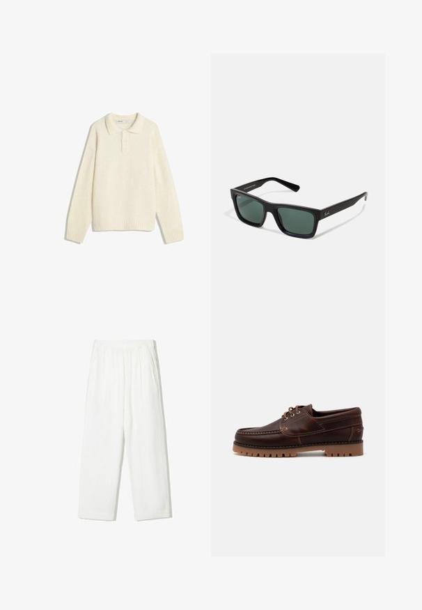Cream-colored pullover with a collared neckline, four-button closure, wide ribbed cuffs, and hem. Soft texture, relaxed fit, and minimal design.; White, wide-legged pants made of textured fabric. Features an elastic waistband and two side pockets. Casual, loose fit design.; Brown leather boat shoe with stitching details, lace-up design, and rugged rubber sole with textured treads for traction.; Black rectangular sunglasses with green lenses, featuring a matte finish, straight temples, and the Ray-Ban logo on the side.
