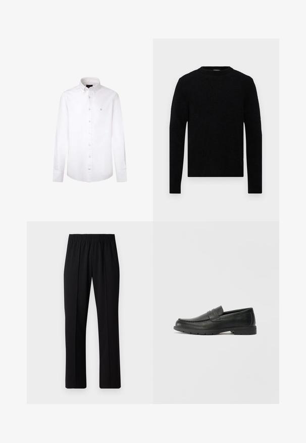 Filippa K SWEATER - Striktrøje - black; Hvid langærmet skjorte lavet af bomuld. Har en klassisk button-down krave, frontknapper og et lille blåt logo på venstre bryst.; Sorte bukser med elastisk talje og lige ben, der har en glat tekstur og ingen synlige mønstre eller hardware.; Sorte læderslippers med en glat finish, mokkasin-stil overdel, syninger og gummisål. Klassisk design med en lav hæl.