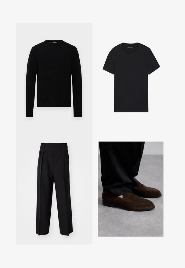 Filippa K SWEATER - Striktrøje - black; Sort bomulds t-shirt med korte ærmer og rund halsudskæring. Stoffet har en glat tekstur og et enkelt, ensfarvet design.; Sorte plisserede bukser med et lige, bred ben-design. Fremstillet af glat stof, med en knaplukning og bæltesløjfer.; Bally CHARNEY - Business loafers - ebano