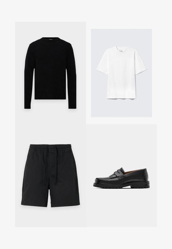 Filippa K SWEATER - Strickpullover - black; Ein schlichter, weißer, kurzärmeliger T-Shirt im lässigen Schnitt liegt flach auf einem hellgrauen Hintergrund.; Schwarze Shorts mit einem elastischen Bund und Kordelzug. Hergestellt aus leichtem Material mit seitlichen Taschen und einem einfachen, klassischen Design.; Schwarze Lederloafer verfügen über eine erhöhte Naht, zwei dekorative Riemen im oberen Bereich und eine dicke, strukturierte Sohle für zusätzlichen Halt.