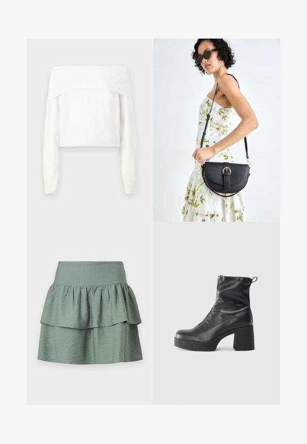 Zdejmowany sweter w kolorze białym, wykonany z miękkiego dzianiny, z długimi rękawami i prążkowanymi akcentami wzdłuż dekoltu i mankietów.; Miękka zielona spódnica z warstwowym wzorem i falbaną na dole, wykonana z lekkiego materiału, z elastycznym paskiem w talii dla wygody.; Czarne botki za kostkę wykonane z gładkiej skóry, wyposażone w boczny zamek błyskawiczny, masywny teksturowany obcas oraz zaokrąglony czubek.; Czarna skórzana torebka o zakrzywionym kształcie, z odpinanym paskiem i złotymi akcentami. Torebka posiada klapę z zapięciem w kształcie klamry.