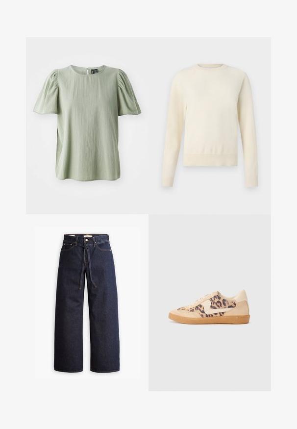 Világos krémszínű pulóver hosszú ujjakkal, kerek nyakkivágással és bordás aljjal. Puha anyagból készült, sima textúrával.; Világoszöld, rövid ujjú blúz kerek nyakkivágással, puffos ujjakkal és laza szabással. Puha, texturált anyagból készült.; Széles lábú, sötétkék farmernadrág magas derékkal, húzózsinórral, öt zsebbel és kontrasztos varrással.; Leopárdmintás sportcipő bézs velúr felsőrésszel, világosbarna gumitalppal és fehér kiegészítőkkel. Kerek orr, fűzős kialakítás, és textúrázott felület jellemzi.