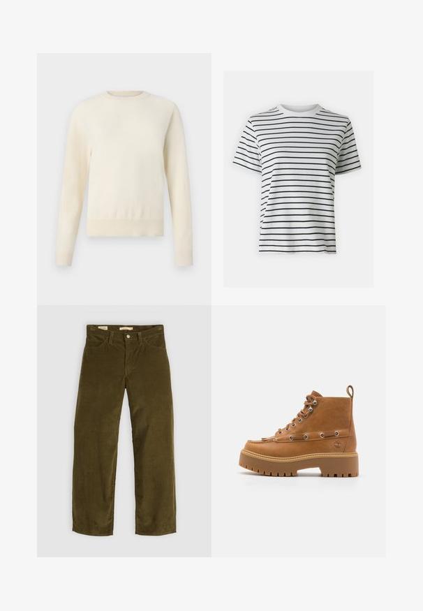 Lys kremfarget genser med lange ermer, rund hals og ribbestrikket kant. Laget av et mykt materiale med en glatt tekstur.; Hvit bomull t-skjorte med horisontale svarte striper, kort erm og rund halsdesign. Glatt tekstur med en avslappet passform.; Olivenfargede kordfløyel bukser med rett ben-design, som har frontlommer og knappestolpe, med vertikal ribbet tekstur.; Brune lær ankle boots med en kraftig, rillet såle, snøring og metalløyer. Har et dekorativt frynse og logodetalj.