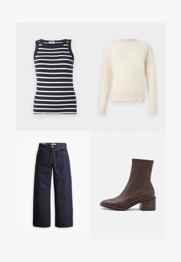 Pulover de culoare crem deschis, cu mâneci lungi, guler rotund și tiv ondulat. Confecționat dintr-un material moale, având o textură netedă.; Top fără mâneci, cu dungi bleu marin și alb, fabricat dintr-un material ribat. Are un decolteu rotund.; Blugi din denim cu talie înaltă, de culoare albastru închis, cu picior larg, dotati cu şnur pentru ajustare, cinci buzunare şi detalii de cusătură în contrast.; Loeffler Randall ROXY STRETCH - Botine clasice - espresso