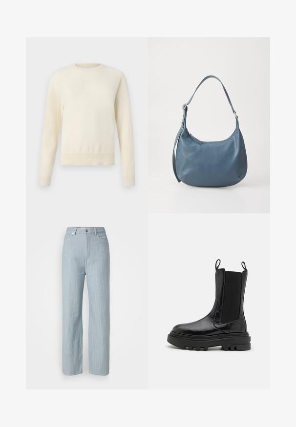Light cream-colored sweater with long sleeves, round neckline, and ribbed hem. Made from a soft material, featuring a smooth texture.; Light blue straight-leg jeans made of denim. Features five pockets, a metal button closure, and subtle whiskering for texture.; Black ankle boots with a shiny leather finish, elastic side panels, pull tabs, and a thick, textured rubber sole. Chunky design, sleek silhouette.; Blue leather handbag with a rounded shape, single shoulder strap, zip closure, and embossed brand name on the front. Smooth texture.