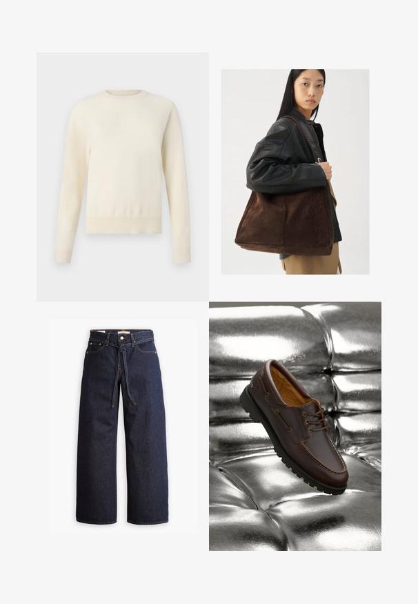 Light cream-colored sweater with long sleeves, round neckline, and ribbed hem. Made from a soft material, featuring a smooth texture.; Wide-leg dark blue denim jeans with a high waist, featuring a drawstring tie, five pockets, and contrasting stitching details.; Brown leather boat shoe with black rubber sole resting on shiny metallic silver tufted surface.; Brown suede tote bag with a wide shape and soft texture, featuring a single strap and minimal hardware against a neutral backdrop.