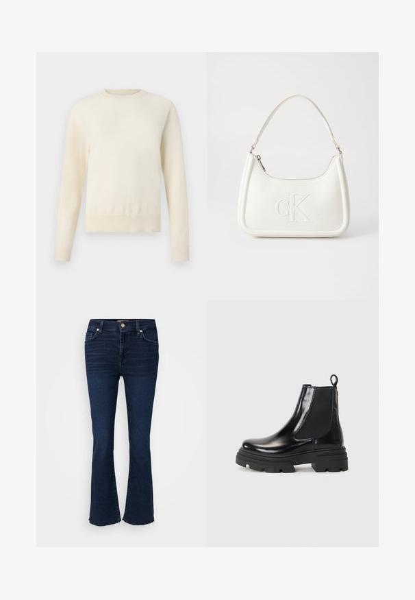 Gai krēmkrāsas džemperis ar garām piedurknēm, apaļu kakla izgriezumu un ribotu apakšmalu. Izgatavots no mīksta materiāla ar gludu tekstūru.; Tumši zili džinsi ar paplašinātu kāju dizainu, denima materiāls, priekšējās kabatas un josta ar metāla pogu un rāvējslēdzēju. Plīsušās apakšmalas detaļa.; Melni ādas potīšu zābaki ar gludu dizainu, elastīgām sānu daļām un masīvu melnu zoli. Aizmugurē ir cilpa, kas nodrošina vieglu uzvilkšanu.; Balta ādas rokassoma ar noapaļotu formu, uz kuras priekšpuses ir izgriezts "CK" logo un viena plecu siksna. Augšā aizverama ar rāvējslēdzēju.
