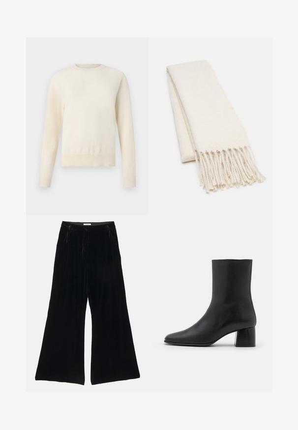 Gai krēmkrāsas džemperis ar garām piedurknēm, apaļu kakla izgriezumu un ribotu apakšmalu. Izgatavots no mīksta materiāla ar gludu tekstūru.; Melni zīda plaša kāja bikses ar gludu tekstūru, aprīkotas ar pielāgotu jostasvietu un priekšējām kabatām, izceļot plecu dizainu.; Melnas ādas potīšu zābaki ar norādītu pirkstu un masīvu kvadrātveida papēdi. Gluda tekstūra ar bezšuvju dizainu un minimālistisku šuvēm.; Balts šalle ar teksturētu rakstu, ar frizētām malām. Materiāls izskatās mīksts un viegls, salocīta kārtīgi izvietošanai.; Melna auduma soma ar teksturētu virsmu, aprīkota ar divām garām rokturēm un vienkāršu, minimālistisku dizainu без redzama piederuma.