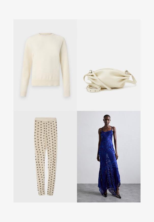 Jasnokremowy sweter z długim rękawem, okrągłym dekoltem i ściągaczem u dołu. Wykonany z miękkiego materiału, charakteryzującego się gładką fakturą.; Beżowe legginsy o miękkiej teksturze, z całkowitym nadrukiem małych ciemnych kwiatów. Elastyczny pas dla wygodnego dopasowania.; Maxi sukienka w niebiesko-fioletowy wzór zwierzęcy, z cienkimi ramiączkami, dopasowanym gorsetem, rozkloszowanym dołem i przeźroczystymi detalami.; Kremowa skórzana kopertówka o marszczonym wzorze, z zapięciem na zamek błyskawiczny i odpinanym regulowanym paskiem. Gładka tekstura, minimalna ilość akcesoriów.
