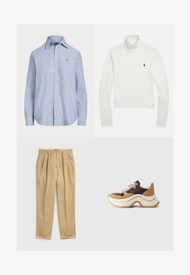 Camisola branca de gola alta de manga longa com um pequeno logo de jogador de pólo azul-marinho no lado esquerdo do peito.; Camisa azul-claro de botões, feita de algodão, com um colarinho clássico, mangas longas e um pequeno logótipo bordado no peito.; Calças de algodão bege claro com um corte confortável, apresentando pregas frontais, bolsos laterais e uma bainha com dobra.; Sapatilhas com sola grossa em bege e castanho escuro com detalhes em camurça, atacadores brancos e um pequeno pingente dourado da MK na lateral.