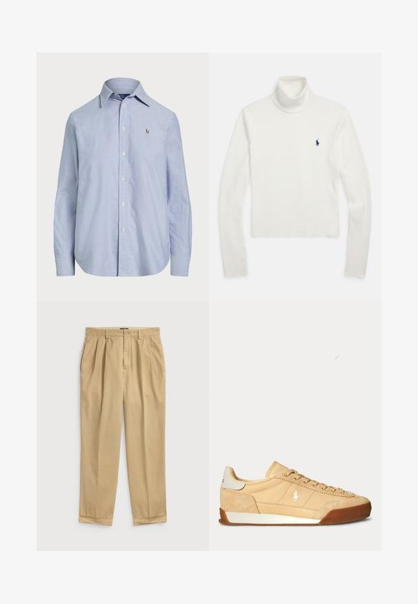 Camisola branca de gola alta de manga longa com um pequeno logo de jogador de pólo azul-marinho no lado esquerdo do peito.; Camisa azul-claro de botões, feita de algodão, com um colarinho clássico, mangas longas e um pequeno logótipo bordado no peito.; Calças de algodão bege claro com um corte confortável, apresentando pregas frontais, bolsos laterais e uma bainha com dobra.; Tênis bege feitos de um tecido texturizado e camurça, com sola de borracha e atacadores; apresenta um pequeno logotipo na lateral.