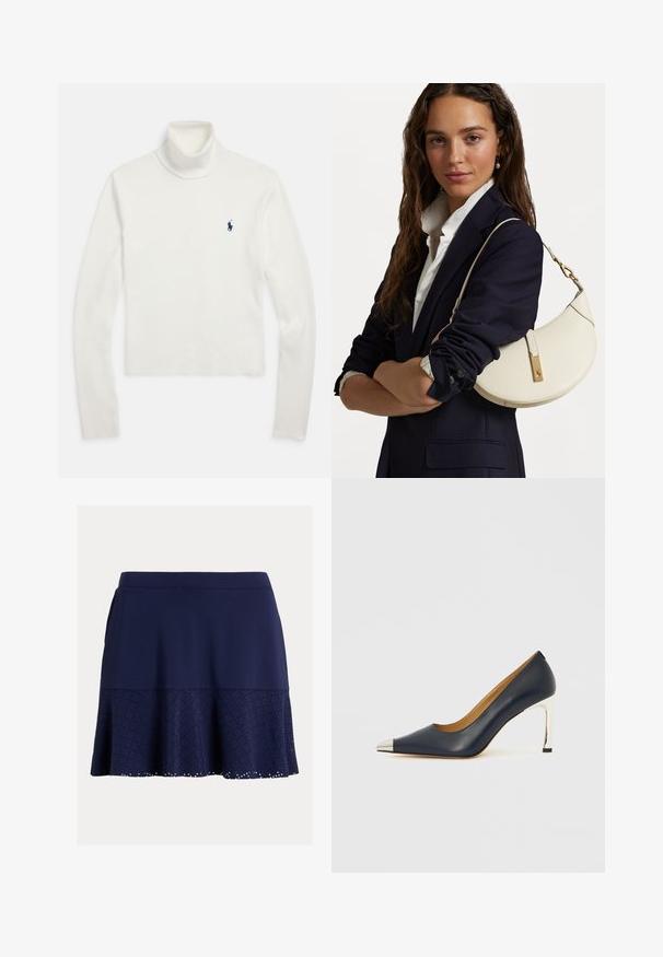 Camisola branca de gola alta de manga longa com um pequeno logo de jogador de pólo azul-marinho no lado esquerdo do peito.; Saia azul-marinho feita de tecido texturizado, com um design fluido, apresentando detalhes perfurados ao longo da bainha e uma cintura elástica.; Sapato elegante de salto alto em couro azul marinho com bico fino, apresentando uma ponta metálica prateada e um salto stiletto prateado brilhante.; Bolsa de mão de couro branco com forma curva, material dourado e acabamento texturizado, usada sobre um blazer escuro e uma camisa branca.