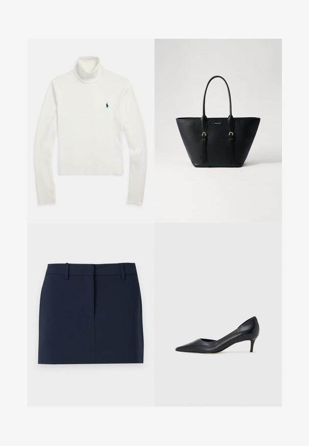 Biały, długi sweter z golfem z małym granatowym logo polo na lewej piersi.; Granatowa spódnica z gładkiego materiału, wyposażona w pas, z otwarciem z przodu i czystymi liniami, bez kieszeni i ozdób.; Czarny skórzany czółenek z szpiczastym noskiem i niskim obcasem. Charakteryzuje się gładką fakturą i subtelnym połyskiem. Przód z wycięciem dla dodatkowego detalu.; Czarna skórzana torba tote o teksturowanym wykończeniu, wydłużonym kształcie, podwójnych uchwytach i złotych akcentach z metalu.