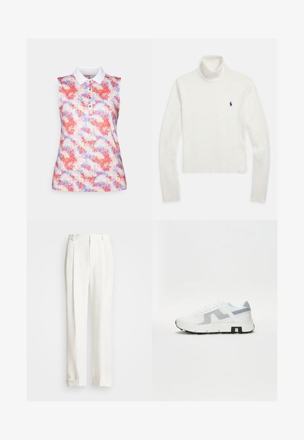 Biely dlhý rukáv s golierom rolák a malým tmavomodrým logom hráča póla na ľavej strane hrude.; Tričko bez rukávov s bielym golierom, s farebným abstraktným vzorom v ružovej, modrej a krémovej farbe. Zapínanie na gombík pri krku.; Biele elegantné nohavice s dvoma prednými skladmi, rovný strih a prehnuté lemy. Vyrobené z hladkej tkaniny, s klasickým dizajnom.; Biele atletické tenisky so sivými akcentmi, textúrovaným zvrškom, hrubou podrážkou a kontrastným čiernym detailom na päte. Šnurovací dizajn s sieťovanými panelmi.