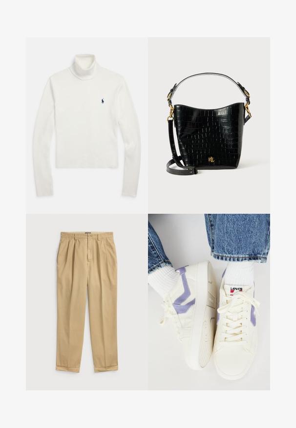 White long-sleeve turtleneck sweater with a small navy blue polo player logo on the left chest.; Light beige cotton trousers with a relaxed fit, featuring front pleats, side pockets, and a cuffed hem.; White sneakers with lavender accents, textured leather, and a padded tongue. Features lace-up design and rubber soles. Brand logo visible.; Black croc-embossed leather bag with a curved shape, gold hardware accents, an adjustable strap, and a logo detail at the front.