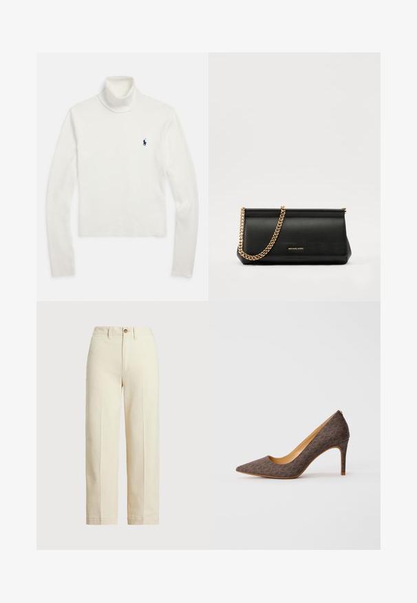 White long-sleeve turtleneck sweater with a small navy blue polo player logo on the left chest.; Beige trousers made of cotton, featuring a straight cut, a single button closure, and visible front creases. Clean hem and no patterns.; Brown patterned high-heeled pump with pointed toe and slim stiletto heel on white background.; Black leather clutch bag with a gold chain strap, featuring a smooth texture, rectangular shape, and embossed branding on the front.