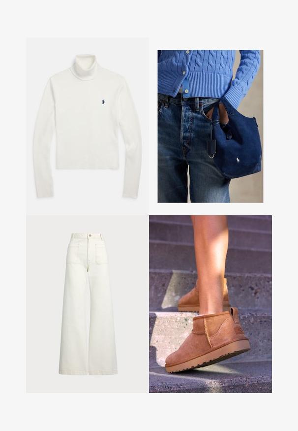 Baltas ilgomis rankovėmis golfo megztinis su mažu tamsiai mėlynos spalvos polo žaidėjo logotipu kairėje krūtinės pusėje.; Plati kojinės džinsai of white denimo. Aukštas liemuo, su mygtuko uždarymu, dviem priekinėmis kišenėmis ir kontrastingai siuvinėjimu.; Samaniniai suknelės auliniai batai su minkšta tekstūra, siūlės detalėmis ir guminiu padu, su kilpiniu kulnu, kad būtų patogu užsivilkti.; Tamsiai mėlyna zomšinė rankinė su minkšta tekstūra, dviem rankenomis ir mažyte prisegta etikete. Priekyje yra baltas logotipas ir apvalus dugnas.