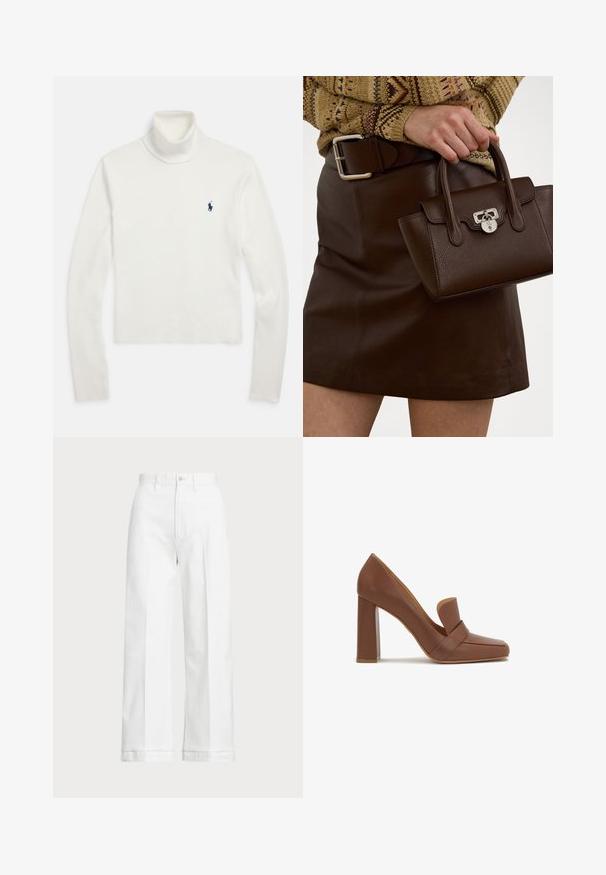 Pull à col roulé à manches longues blanc avec un petit logo joueur de polo bleu marine sur le côté gauche de la poitrine.; Pantalons larges blancs à taille haute, avec une fermeture à bouton et des détails de couture subtils. Fabriqués en coton avec une texture lisse.; Chaussure à talon haut en cuir marron avec un bout carré et une large bride sur le devant. Le talon est en forme de bloc et solide.; Sac en cuir marron avec une finition texturée et des accessoires en argent, tenu à la main à côté d'une jupe en cuir marron et d'un pull à motifs.