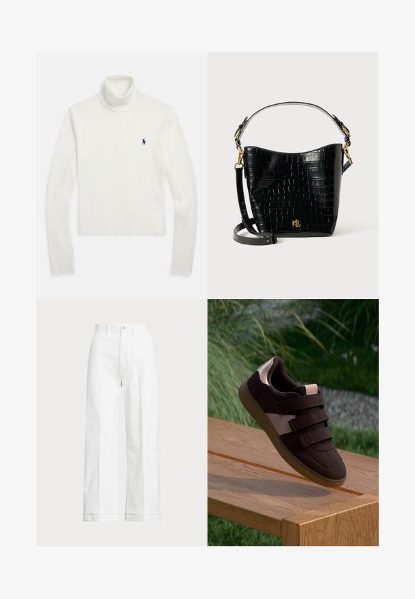 Balts garroku turtlenecka džemperis ar mazāku tumši zilu polo spēlētāja logotipu kreisajā krūtīs.; Baltas platās bikses ar augstu jostasvietu, ar pogu aizdari un smalkiem izšuvumiem. Izgatavotas no kokvilnas ar gludu tekstūru.; Brūni zamšaini čības ar rozā akcentu svītru, aprīkotas ar trim lipīgajām jostām un teksturētu gumijas zoli, izvietotas uz koka virsmas.; Melnas krokodila raksts ādas soma ar izliekta formu, zelta aparatūru, regulējamu siksnu un logotipa detaļu priekšpusē.