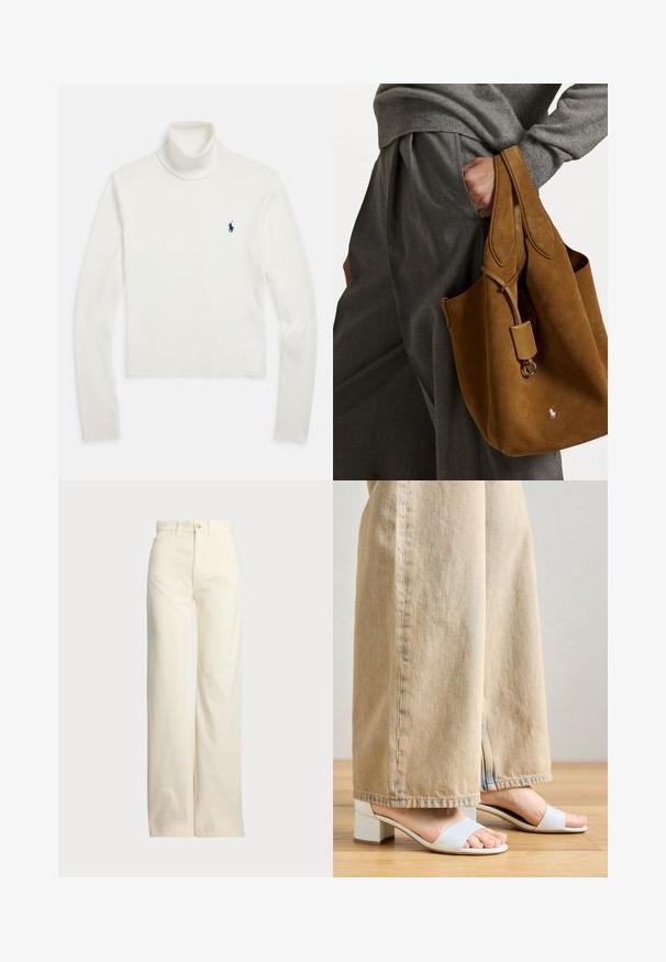 Valge pika varrukaga kõrge kaelusega kampsun, millel on vasakul rinnal väike mereväesinine polo mängija logo.; Polo Ralph Lauren COTTON CORDUROY WIDE-LEG PANT - Püksid - warm white; Heledad sinised plokknõuded sandaalid, millel on kaks laia rihma. Kandmine tumepruunide laiarööpiceste pükstega, tuues välja kingade disaini kangasteksti vastu.; Pruunist nubukist ostukott ümar kuju, topeltkäepidemed ja metallist detail. Ees on väike logo.