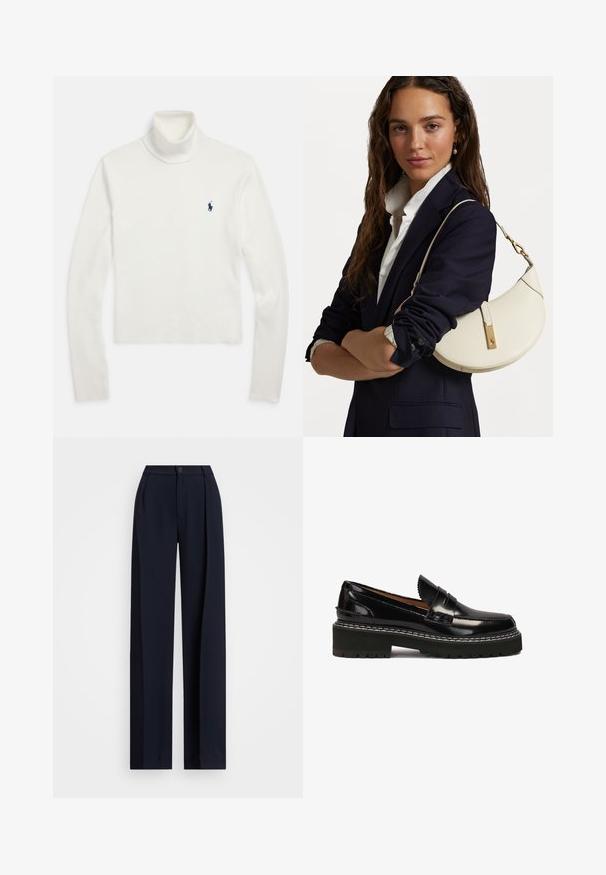 White long-sleeve turtleneck sweater with a small navy blue polo player logo on the left chest.; Navy wide-leg trousers with pleats, a button closure, and a smooth fabric texture. Designed for loose, comfortable fit.; Black patent leather loafers with a chunky black rubber sole, accentuated by white stitching and a decorative front strap.; White leather handbag with a curved shape, gold hardware, and a textured finish, worn over a dark blazer and white shirt.
