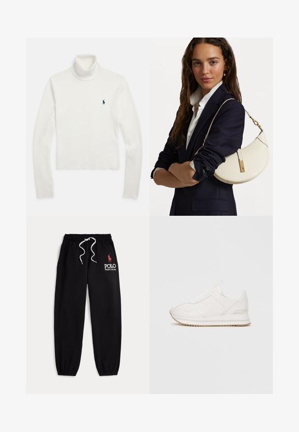 Balts garroku turtlenecka džemperis ar mazāku tumši zilu polo spēlētāja logotipu kreisajā krūtīs.; Melnas bikses izgatavotas no kokvilnas maisījuma, ar elastīgu jostu un auklu, ribota auduma aprocēm un baltu logo uzdrukātu uz kreisās augšstilba puses.; Baltie zemas kedas ar auklu aizdari, mīkstu zoli un bēšas gumijas zoli uz viendabīga fona.; Balta ādas rokassoma ar izliekumu formu, zelta furnitūru un teksturētu apdari, valkāta pāri tumšam žaketam un baltai krekla.