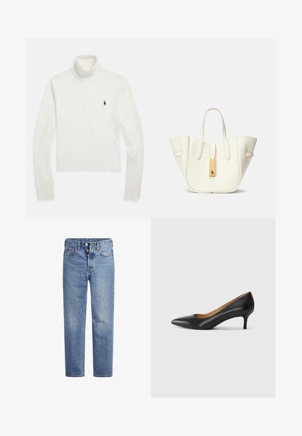 Camisola branca de gola alta de manga longa com um pequeno logo de jogador de pólo azul-marinho no lado esquerdo do peito.; Jeans de denim azul claro com corte reto, design de cinco bolsos e fecho de botão. Apresenta um desbotado subtil e detalhes de costura laranja.; Sapato de salto alto em pele preta com bico fino, salto baixo e textura suave. Apresenta uma ligeira abertura na parte da frente e mínima ferragem na parte de trás.; Mala tote de couro branco com uma forma estruturada, costura proeminente, etiqueta de metal dourado e alças duplas. Superfície texturizada com bolsos laterais.