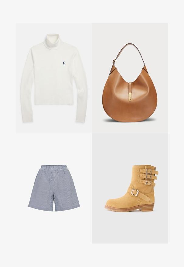 Suéter blanco de manga larga con cuello alto y un pequeño logo de jugador de polo azul marino en el lado izquierdo del pecho.; Moves PYNNA - Shorts - nebulas blue; Bota de ante amarilla hasta el tobillo con tres correas de hebilla en el lateral, punta redondeada y tacón de madera apilada. Superficie texturizada para mayor agarre.; Bolso de mano de cuero marrón claro con forma curva y una amplia correa para el hombro. Presenta un acento de metal dorado en el centro y una textura suave.