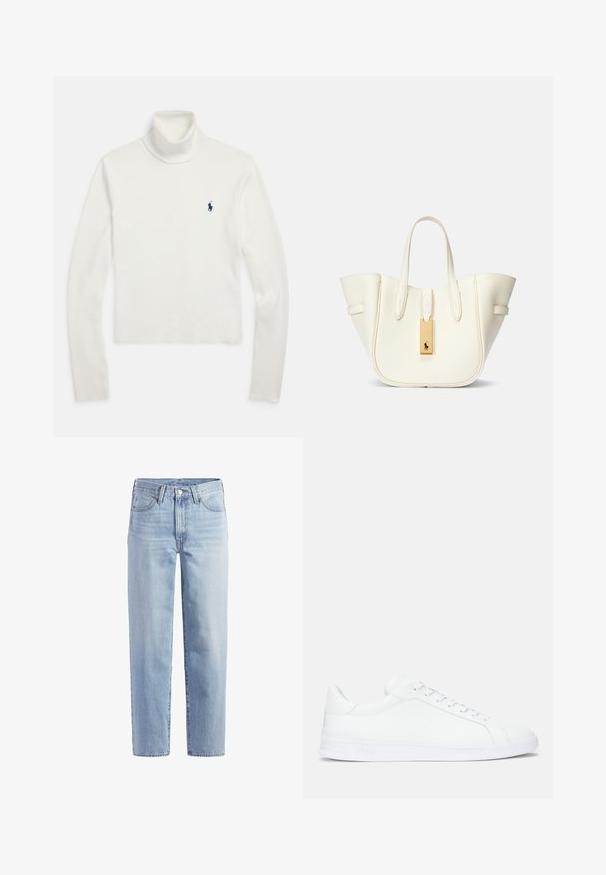 Suéter blanco de manga larga con cuello alto y un pequeño logo de jugador de polo azul marino en el lado izquierdo del pecho.; Jeans de mezclilla de pierna recta en azul claro con botón frontal, cremallera, trabillas y diseño de cinco bolsillos sobre fondo blanco.; Zapatilla de cuero blanca con una textura suave, que presenta cordones planos, una puntera redondeada y un logotipo sutil en el lateral. Suela blanca gruesa.; Bolso de tote de cuero blanco con forma estructurada, costuras prominentes, etiqueta de hardware dorado y asas dobles. Superficie texturizada con bolsillos laterales.
