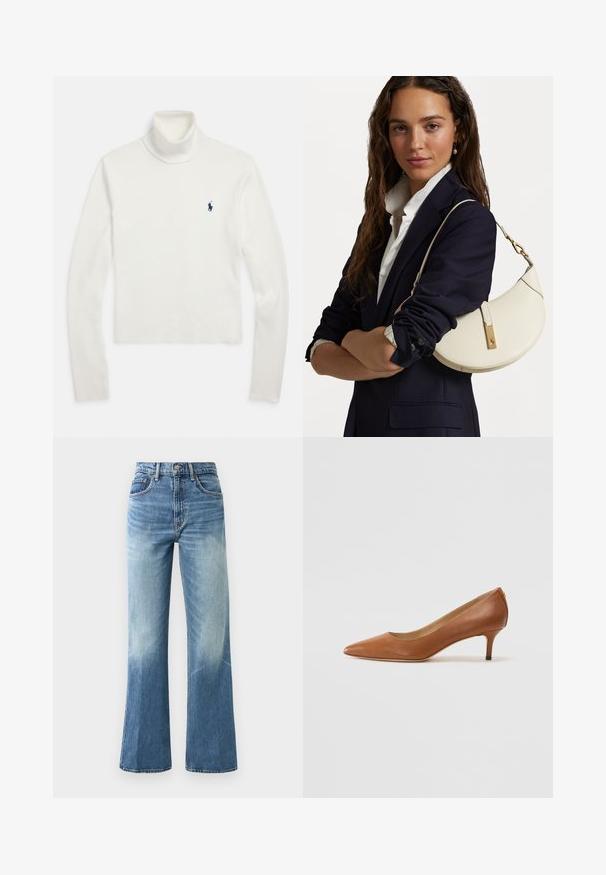 Camisola branca de gola alta de manga longa com um pequeno logo de jogador de pólo azul-marinho no lado esquerdo do peito.; Jeans de cintura alta de cor azul clara, com corte amplo, textura desbotada, cinco bolsos e fecho de botão metálico.; Lauren Ralph Lauren ADRIENNE - Saltos clássicos - deep saddle tan; Bolsa de mão de couro branco com forma curva, material dourado e acabamento texturizado, usada sobre um blazer escuro e uma camisa branca.