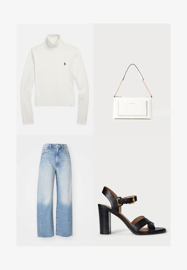 Camisola branca de gola alta de manga longa com um pequeno logo de jogador de pólo azul-marinho no lado esquerdo do peito.; Calças de ganga de perna larga em azul claro, apresentando um desbotado em gradiente de azul claro para azul mais escuro, com cinco bolsos e um design de cintura alta.; Sandálias de salto alto em couro preto com design de tiras cruzadas e fecho com fivela. Apresentam um salto robusto e textura suave.; Bolsa de mão branca em couro com acabamento texturizado, featuring a corrente dourada e detalhes pretos. Inclui um bolso frontal e fecho com zipper.