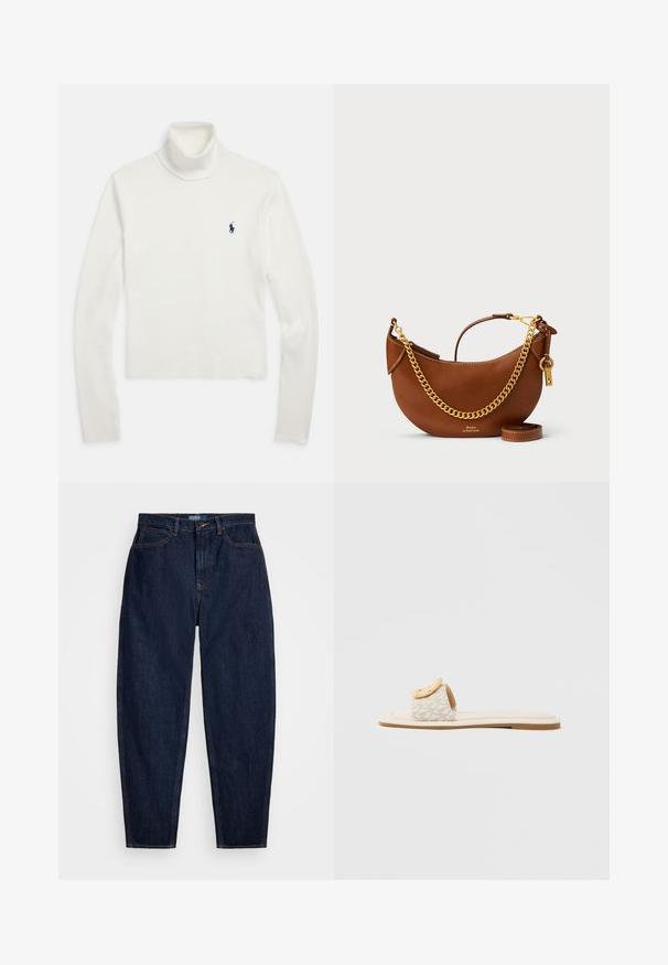 White long-sleeve turtleneck sweater with a small navy blue polo player logo on the left chest.; Dark blue denim jeans with a straight-leg fit, featuring orange stitching, a front button closure, and five pockets.; Slide sandal featuring a beige strap with a geometric pattern, a rounded yellow accent on the upper, and a flat, light sole.; Brown leather handbag with a curved design, gold chain strap, interior pocket, and a detachable shoulder strap. Features contrasting stitching.