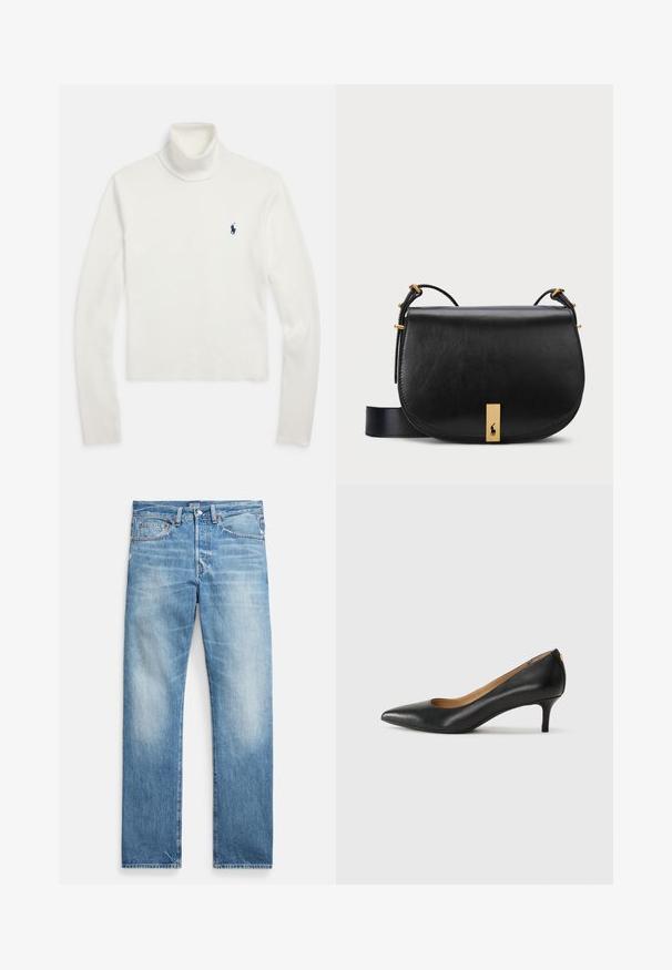 Pulover alb cu mâneci lungi și guler înalt, cu un mic logo al unui jucător de polo albastru închis pe partea stângă a pieptului.; Blugi din denim albastru deschis, cu picior drept, ușoară decolorare, stil cu cinci buzunare, nituri metalice și închidere cu nasturi, etichetă Polo pe talie.; Pantofii din piele neagră au vârful ascuțit, toc mic și o textură netedă. Au o deschidere ușoară în față și un hardware minim în spate.; Geantă crossbody din piele neagră cu un accent metalic de ton aurit și curea ajustabilă, având o textură netedă și o formă curbată.