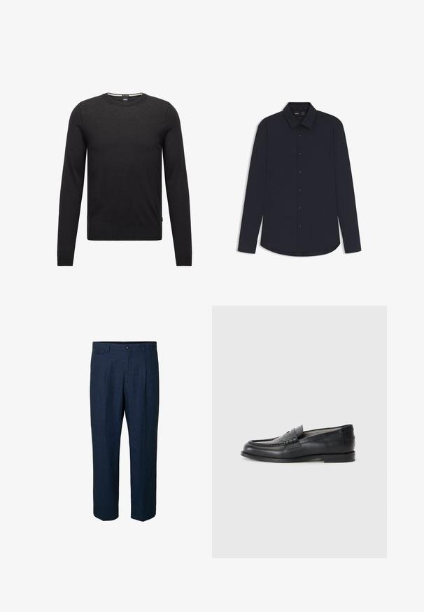 Black long-sleeve sweater made of fine knit fabric. Features a round neck and ribbed cuffs and hem. Minimalist design without patterns.; Navy long-sleeve button-up shirt made from smooth fabric with a structured collar, featuring dark buttons and a curved hem.; Navy blue linen trousers with a straight fit, featuring two front pockets, two back pockets, and a single button closure at the waist.; Black leather loafers with a smooth finish, rounded toe, decorative strap, and minimalistic design. Features a low block heel.