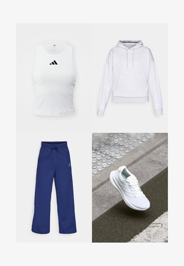Jasnoszara bluza z kapturem, wykonana z miękkiego materiału, z przednią kieszenią typu kangur oraz sznurkiem w kapturze, a także ribbowymi mankietami i dolnym brzegiem. Logo umieszczone na środku klatki piersiowej.; Biały sportowy top na ramiączkach o dopasowanym kroju, z czarnym logo Adidas umieszczonym na środku klatki piersiowej oraz z miękkiej, odprowadzającej wilgoć tkaniny.; Granatowe dresy z elastycznym pasem i białymi paskami po bokach. Wykonane z miękkiego materiału, o luźnym kroju; z logo Adidas.; Białe sportowe buty z siateczkową cholewką, sznurowanym zapięciem i teksturowaną podeszwą. Widoczne subtelne logo i detale bezszwowej konstrukcji.