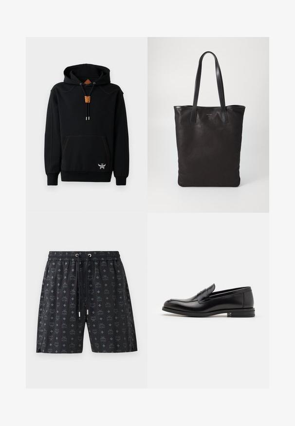 Melnā kapucēta džempera izgatavota no kokvilnas maisījuma, ar kangarū kabatu, oranžām šuvēm, koka auklas turētāju un izšūtu logotipa detaļu apakšmalā.; Melni peldbikses ar atkārtotu logotipa rakstu un dimanta formām. Izgatavotas no viegla materiāla, ar elastīgu jostu un aukliņu.; Melnas ādas kurpes ar gludu tekstūru, noapaļu purngalu un dekoratīvu siksniņu pāri priekšpusei. Zems sakrauts papēdis, minimālisma dizains.; Melnas auduma iepirkumu soma ar melnām ādas rokturiem. Vienkāršs dizains, plaša forma un gluda tekstūra. Nav redzamu logo vai rakstu.