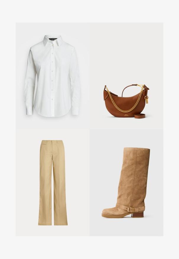 Suéter castanho de malha grossa com gola alta e bainha canelada. Apresenta mangas longas e um corte descontraído, feito de um material têxtil suave.; Camisa branca de manga longa com botões, feita de algodão. Apresenta um colarinho clássico, sete botões e um logótipo discreto bordado no peito.; Calças largas bege feitas de algodão suave, apresentando uma cintura clássica e um bolso traseiro, com um corte reto e detalhes mínimos.; Bota de camurça em tom bege, até ao meio da panturrilha, com um tacão baixo e empilhado, bico redondo e uma correia ajustável com uma fivela dourada à volta do tornozelo.; Bolsa de mão de couro castanho com um design curvado, alça de corrente dourada, bolso interior e uma alça de ombro destacável. Apresenta costura em contraste.