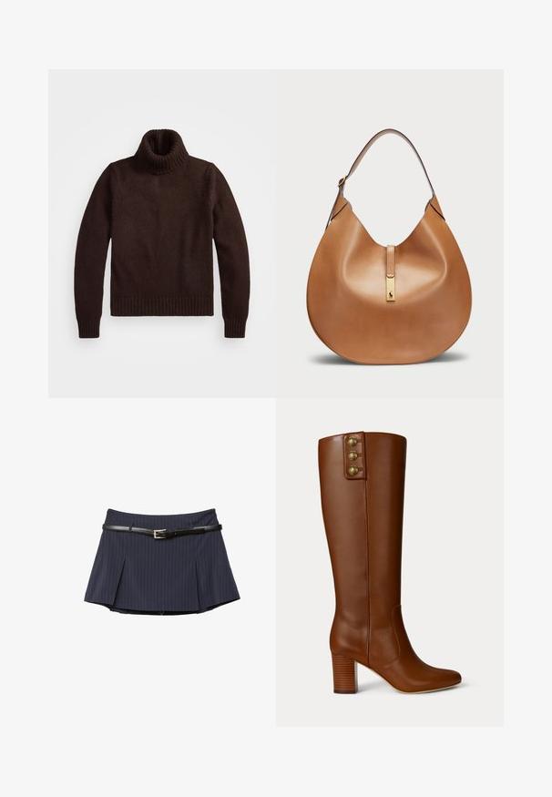 Ruskea, paksu neulepusero, jossa on korkea kaulus ja ribbireunat. Ominaisuuksiin kuuluu pitkät hihat ja rento istuvuus, valmistettu pehmeästä tekstiilimateriaalista.; Tummansininen pinstripe-minihame, jossa on etupurat ja ohut musta nahkavyö, jossa on hopeinen solki.; Ruskotuiset korkeat ruskeat nahkasaappaat neliönuolella ja kasattulla korolla. Yläosassa on kolme kultasävyistä nappia yksityiskohtana.; Tan nahkalaukku, jossa on kaareva muoto ja leveä olkahihna. Keskellä on kultainen metallikoriste ja pinta on sileä.