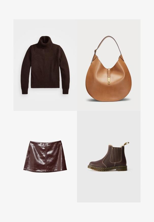 Braune, grob gestrickte Rollkragenswehe mit geripptem Kragen und Saum. Hat lange Ärmel und eine lockere Passform, hergestellt aus weichem Textilmaterial.; Glänzender dunkelbrauner Kunstleder-Minirock mit zentraler Naht und leicht ausgestellter A-Linie.; Braune Leder-Chelsea-Boots mit gelben Nähten, elastischen Seitenteilen, Fellfutter und durchsichtiger Gummisohle auf weißem Hintergrund.; Taschenhandtasche aus braunem Leder mit geschwungener Form und breitem Schultergurt. Sie verfügt über einen goldenen Metallakzent in der Mitte und eine glatte Textur.