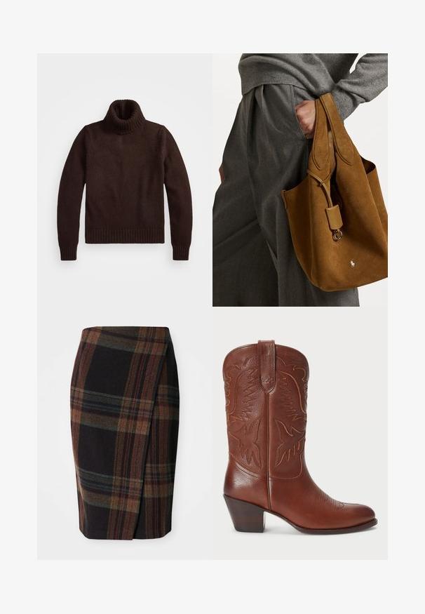 Barna, vastag kötésű garbós pulóver bordás gallérral és szegéllyel. Hosszú ujjakkal és laza fazonnal rendelkezik, puha textil anyagból készült.; Sötét színű, kockás ceruzaszoknya, vízszintes és függőleges mintázattal. Gyapjúból készült, oldalhasítékkal a kényelmes mozgás érdekében.; Barna bőr cowboy csizma hegyes orral, dombornyomott nyugati mintával és rétegezett sarokkal. Tartalmaz varrást és sima felületet.; Barna velúr táska lekerekített formával, dupla fogantyúval és fém részlettel. Az elején egy kis logó található.