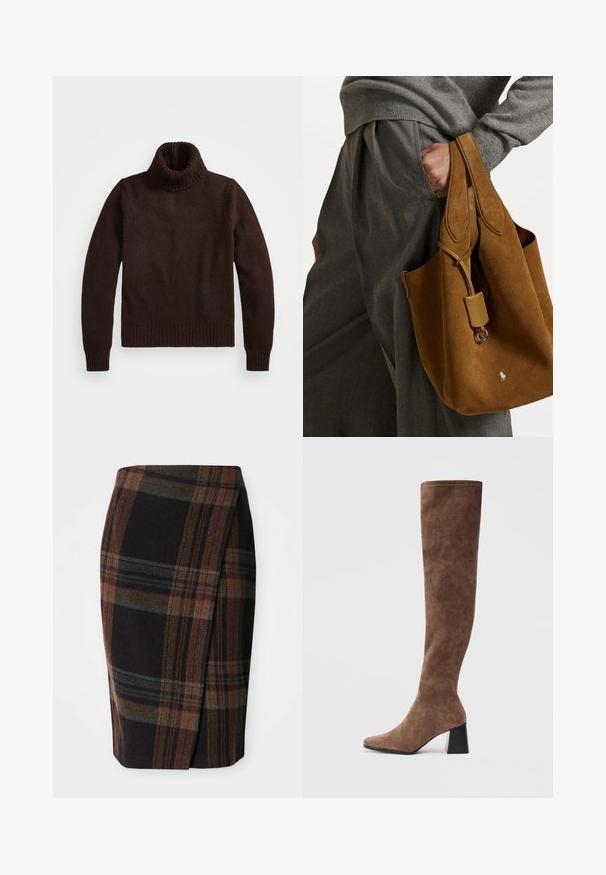 Hnedý, hrubý pletený rolák so rebrovaným golierom a lemom. Má dlhé rukávy a voľný strih, vyrobený z mäkkého textilného materiálu.; Sukňa z tartanu v tmavých farbách s horizontálnymi a vertikálnymi vzormi. Vyrobená z vlny, s bočným rozparkom pre pohodlie v pohybe.; Hnedé nadkolenné bootky vyrobené z mäkkého semišu, s špicatou špičkou a masívnym čiernym podpätkom. Dizajn obsahuje bezšvové šitie pre elegantný vzhľad.; Hnedá semišová taška s okrúhlym tvarom, dvojitými uchami a kovovým detailom. Na prednej strane je malá značka.