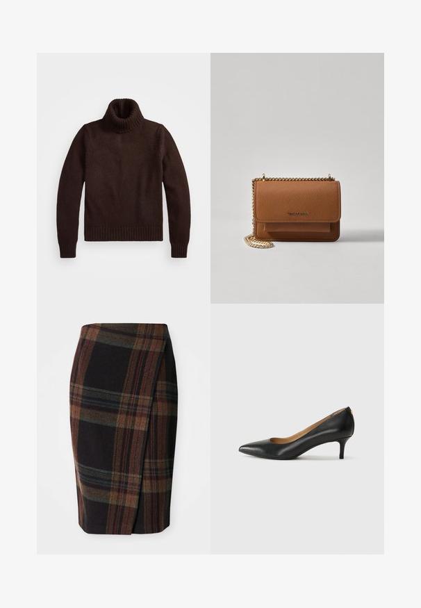 Rjav, debel pleten jopič s turtlenečkom z rebrastim ovratnikom in robom. Ima dolge rokave in sproščen kroj ter je izdelan iz mehke tekstilne snovi.; Karirana svinčasta suknja u tamnim bojama s horizontalnim i vertikalnim uzorcima. Izrađena od vune, s bočnim prorezom za lakše kretanje.; Črne usnjene črpalke s koničastim nosom, nizko peto in gladko teksturo. Imajo rahlo odprtino spredaj in minimalno opremo zadaj.; Rjava teksturirana usnjena torba čez ramo z zlatim verižnim trakom in zapiranjem na pokrov. Spredaj je vidna podrobnost logotipa in žep pod pokrovom.